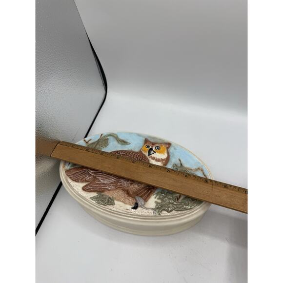 Vintage Embossed Owl Ceramic Trinket Box M.R. Signed Oval Nature Scene 8x5” - Picture 11 of 12